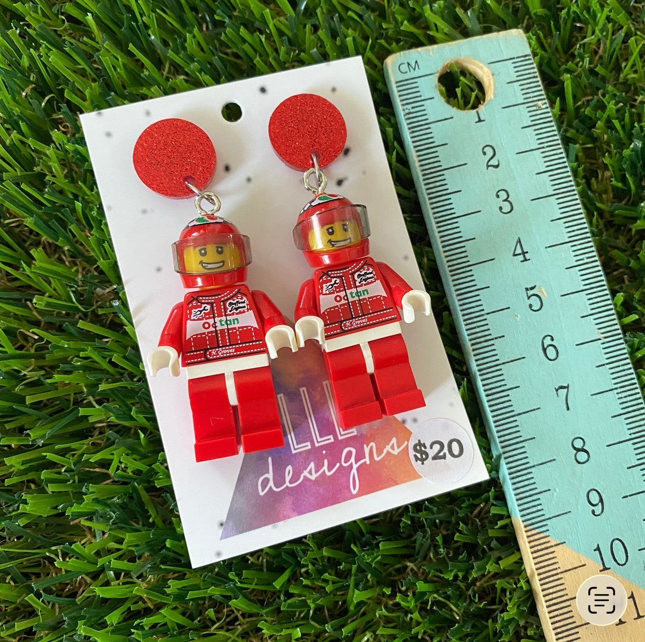 Race Car Driver Brick Character - Featuring Red Glitter Acrylic Tops!
