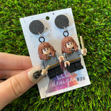 Uniformed Wizard Witch Girl Brick Character with Wand Accessory Dangle Earrings - Featuring a Black Glitter Top!