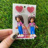 Gaby with Cat Ears Brick Character Dangle Earrings - Featuring Pink Glitter Heart Tops!