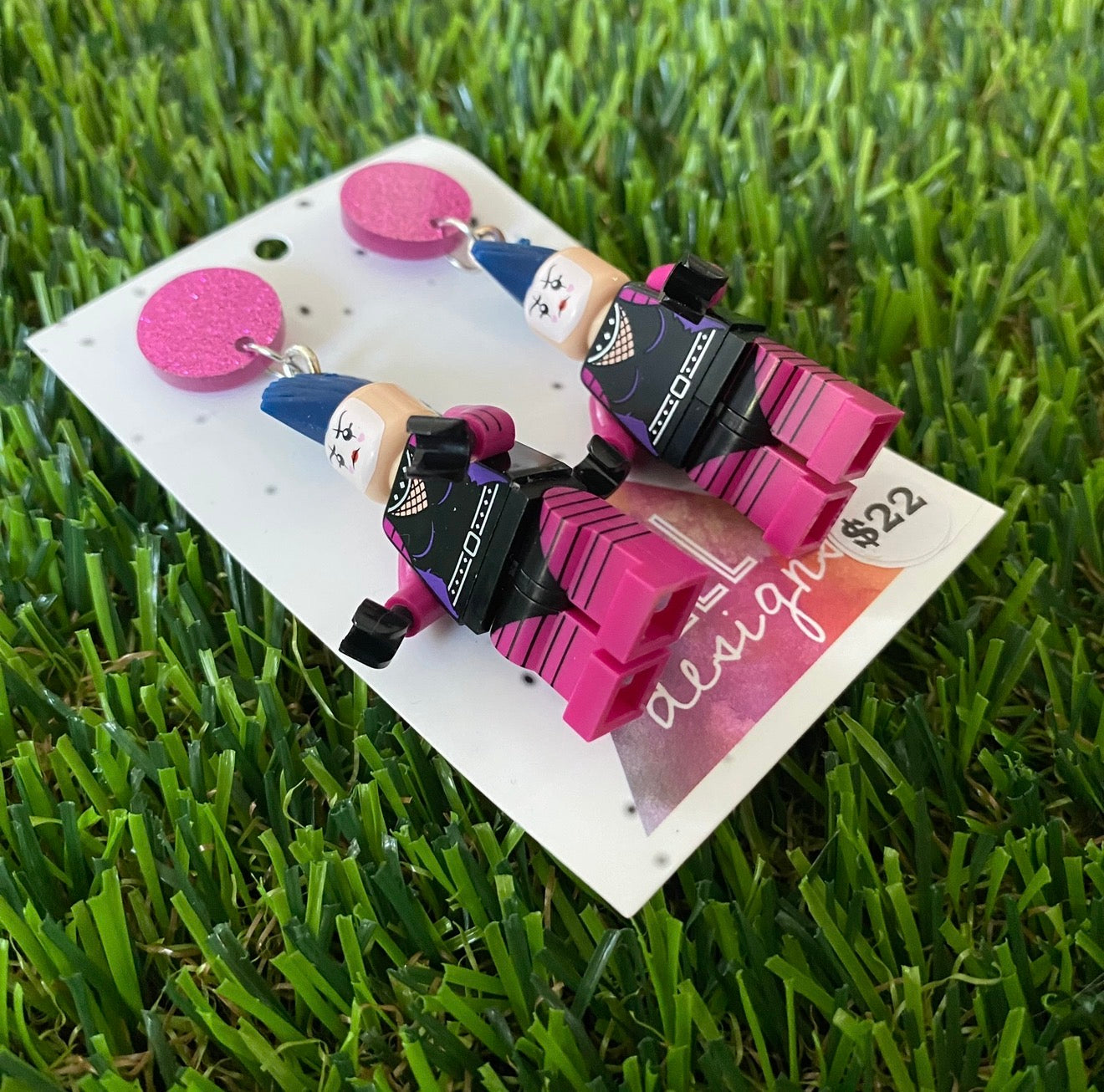 Mohawked Goth Girl Brick Character - Featuring Purple Acrylic Glitter Tops!