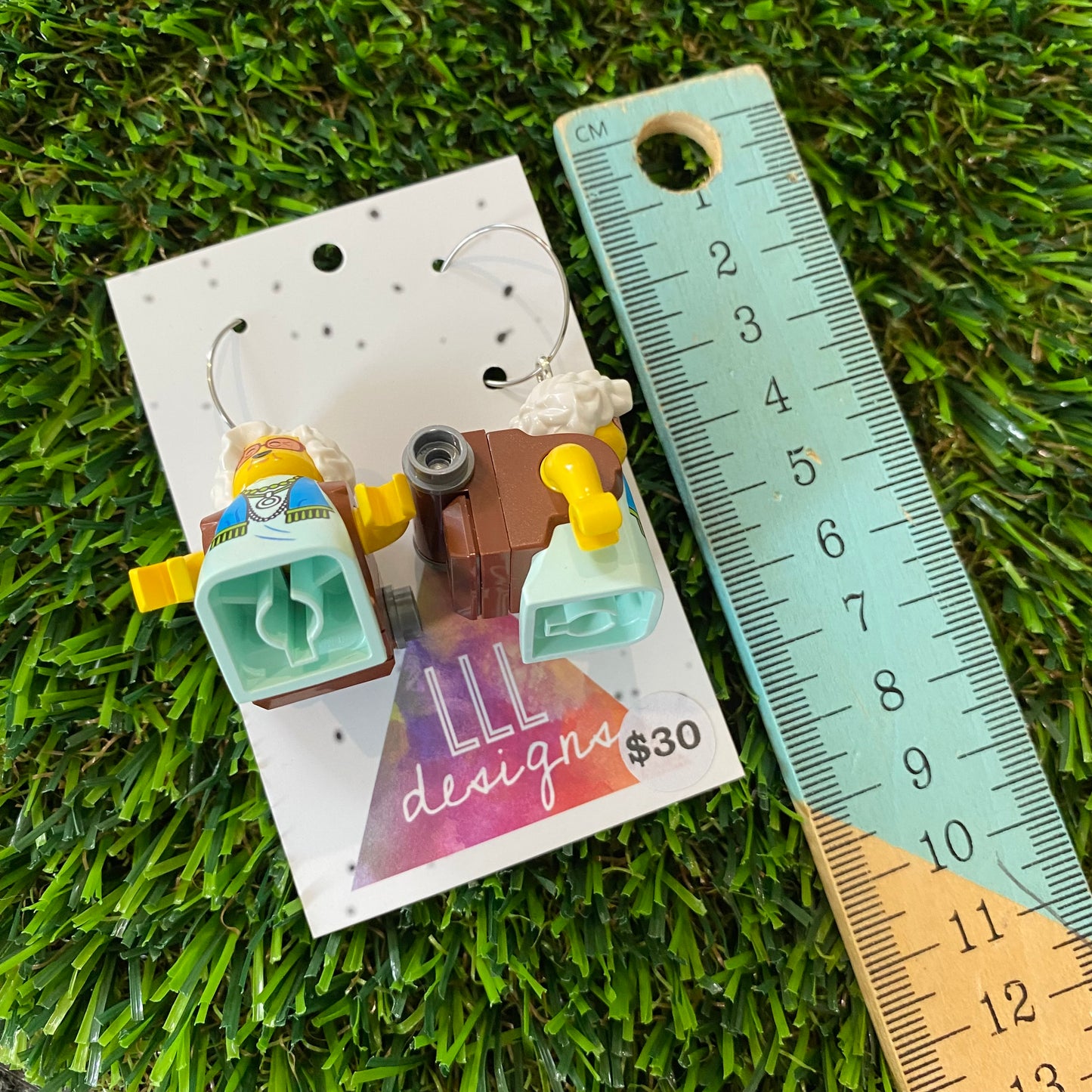 Hippie Backpacking Grandma Brick Character Dangle Earrings - Featuring Surgical Stainless Steel Silver Hoops!