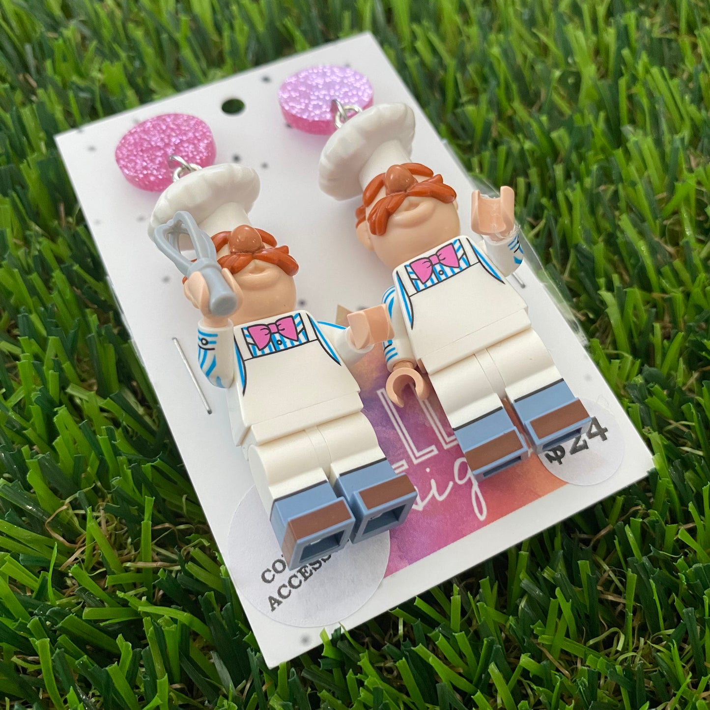 Brick Character Big Nose Chef Dangle Earrings - Featuring Pink Glitter Tops!