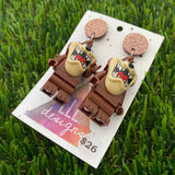 Brick Character Wild Devil Dangle Earrings - Featuring Brown Glitter Tops!