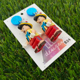 Growing Nose Puppet Boy Brick Character Dangle Earrings - Featuring Blue Glitter Tops!