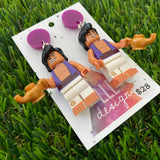 Brick Character Man with Lamp Dangle Earrings - Featuring Purple Tops!