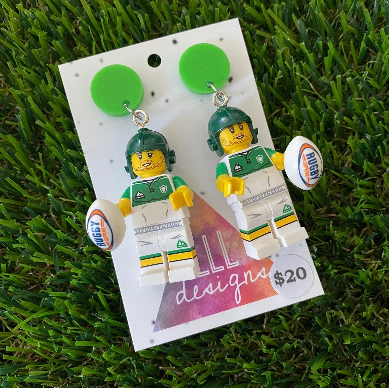 Green Rugby Player Brick Character - Featuring Green Acrylic Tops!