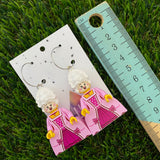 Brick Character Royal Lady with Wig Dangle Earrings - Featuring Surgical Stainless Steel Silver Hoops!