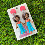 Groovy Blue Jeans Girl Brick Character Dangle Earrings - Featuring Marbled Pink Tops!