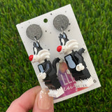 Brick Character Red Nosed Cat Dangle Earrings - Featuring Black Glitter Tops!