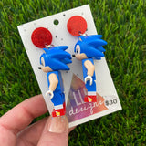Brick Character Blue Hedgehog Dangle Earrings - Featuring Red Glitter Tops!
