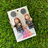 Uniformed Wizard Witch Girl Brick Character with Wand Accessories and Pet Cats Dangle Earrings - Featuring a Black Glitter Top!