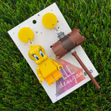 Brick Character Yellow Bird with Hammer Dangle Earrings - Featuring Yellow Tops!