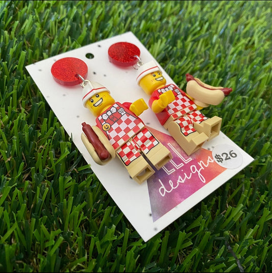 Hot Dog Vendor Man Brick Character - Featuring Red Glitter Acrylic Tops!