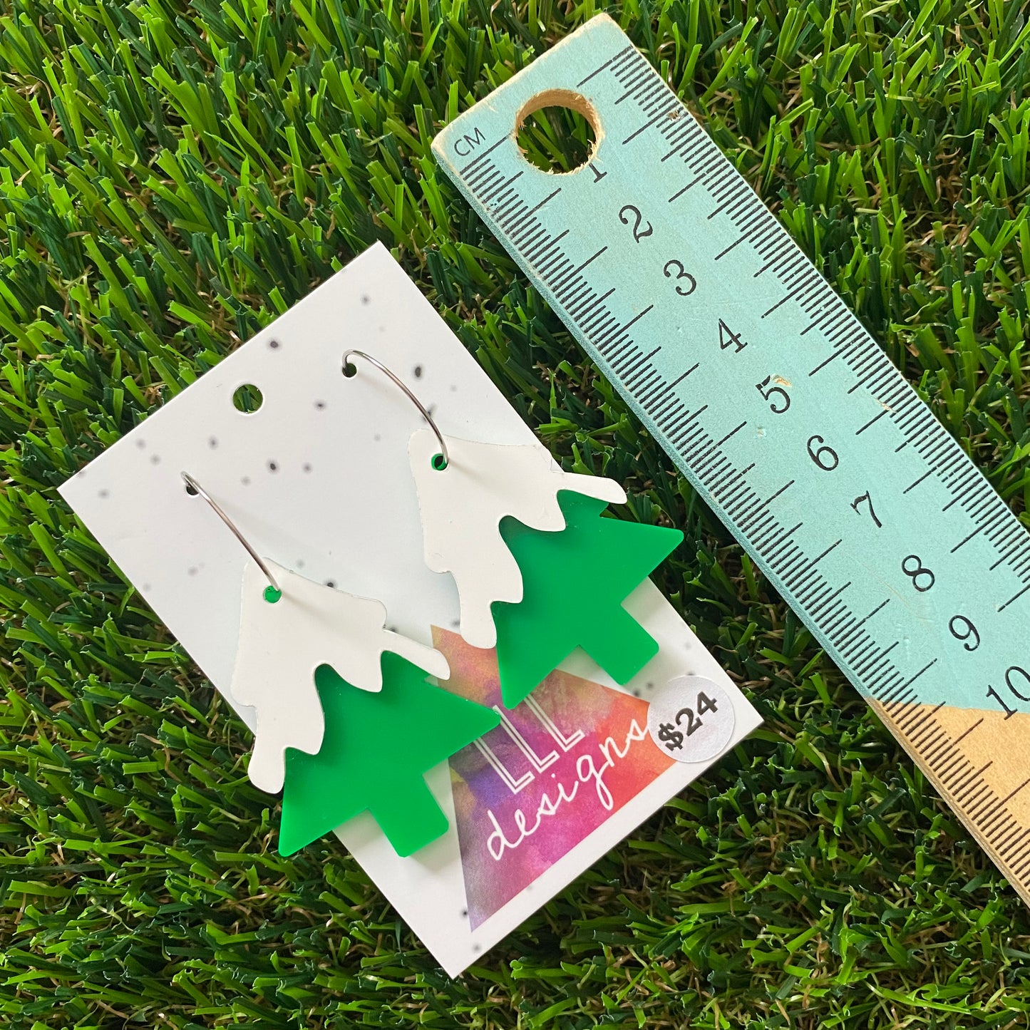 Snow-Capped Green Acrylic Christmas Tree Hoop Earrings.