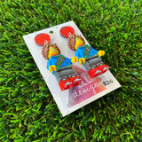 Dreamy Blue and Green Brick Character Dangle Earrings - Featuring Red Glitz Tops!