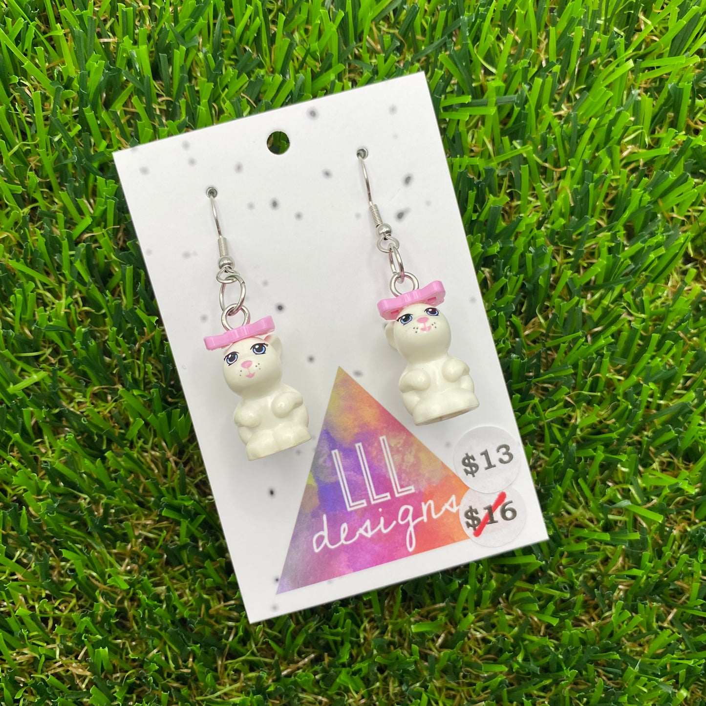 White Bunny Brick Animal Hook Earrings - Featuring Pink Flower - Lightweight!