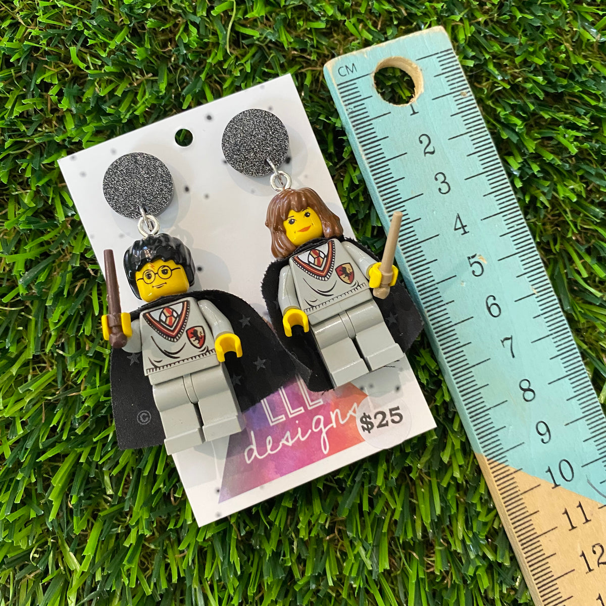 Caped Wizard and Witch Duo Brick Characters with Wands Dangle Earrings - Featuring Black Glitter Tops!