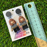 Uniformed Wizard Witch Girl Brick Character with Wand Accessory Dangle Earrings - Featuring a Black Glitter Top!