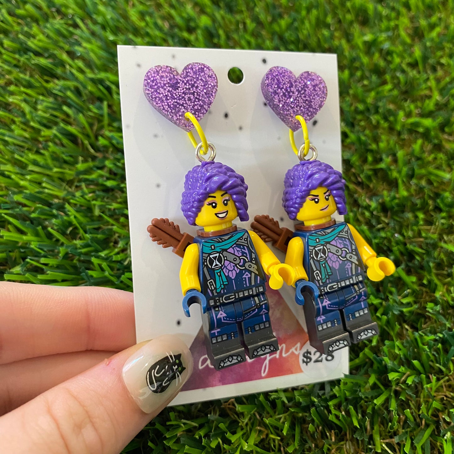 Purple Warrior Girl with Quiver Brick Character Dangle Earrings - Featuring Purple Glitter Heart Shaped Tops!