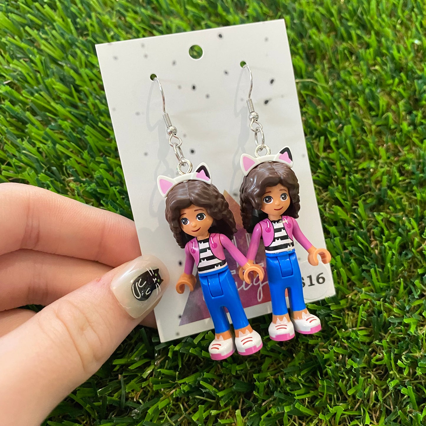 Gaby with Cat Ears Brick Character Dangle Earrings - Featuring Surgical Stainless Steel Hooks!