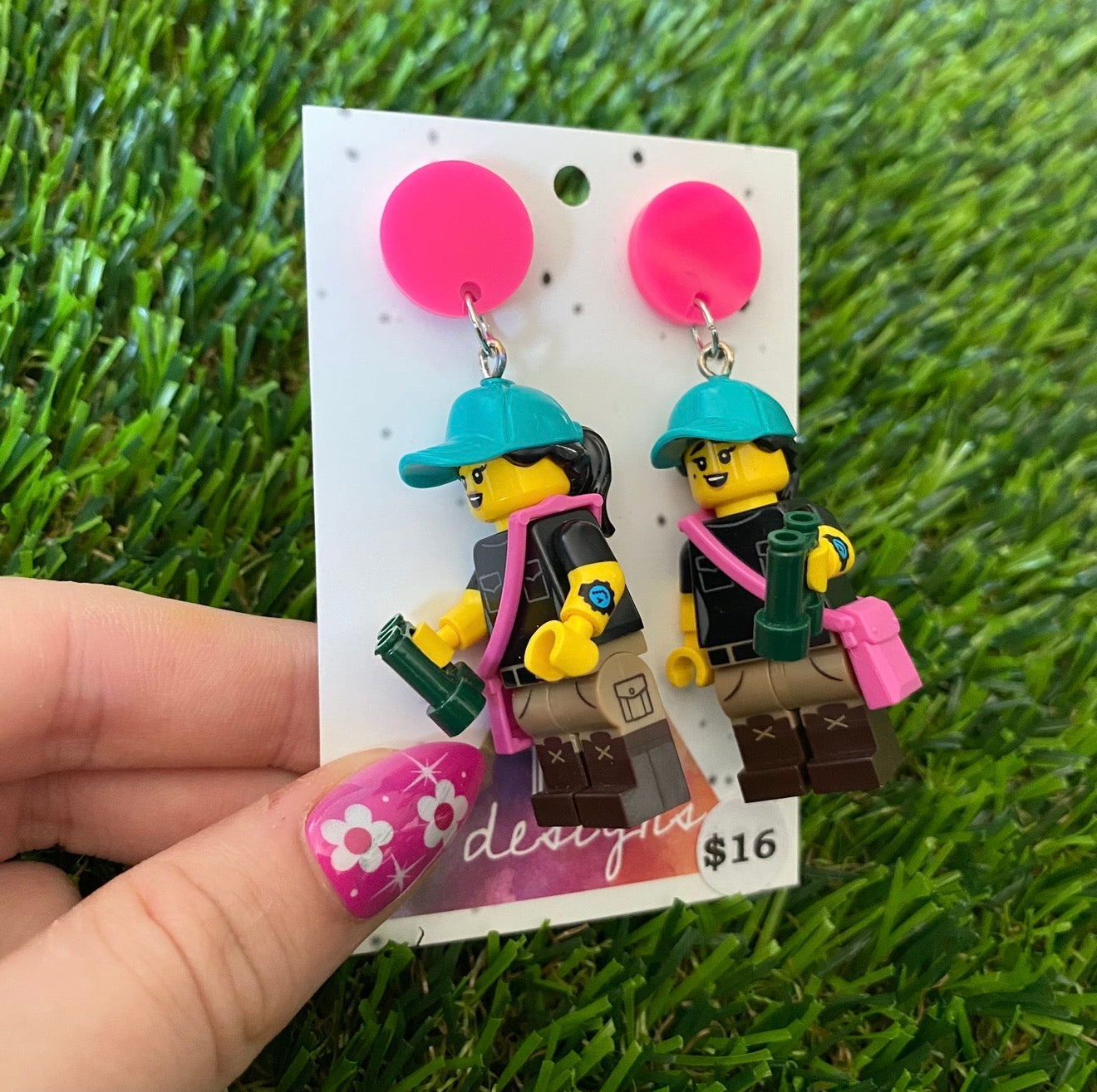 Hiking Explorer Brick Character With Binoculars - Featuring Pink Acrylic Tops!