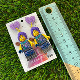 Purple Warrior Girl with Quiver Brick Character Dangle Earrings - Featuring Purple Glitter Heart Shaped Tops!