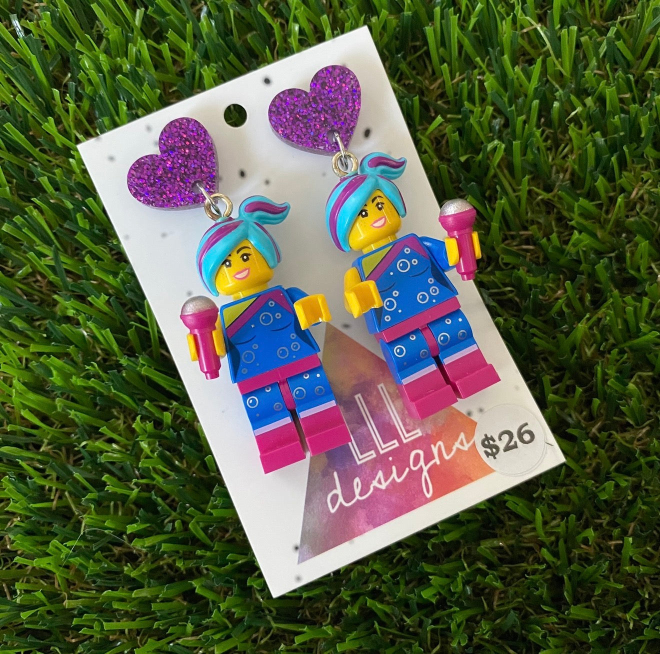 Blue and Purple Popstar Brick Character With Mic - Featuring Purple Glitter Acrylic Tops!