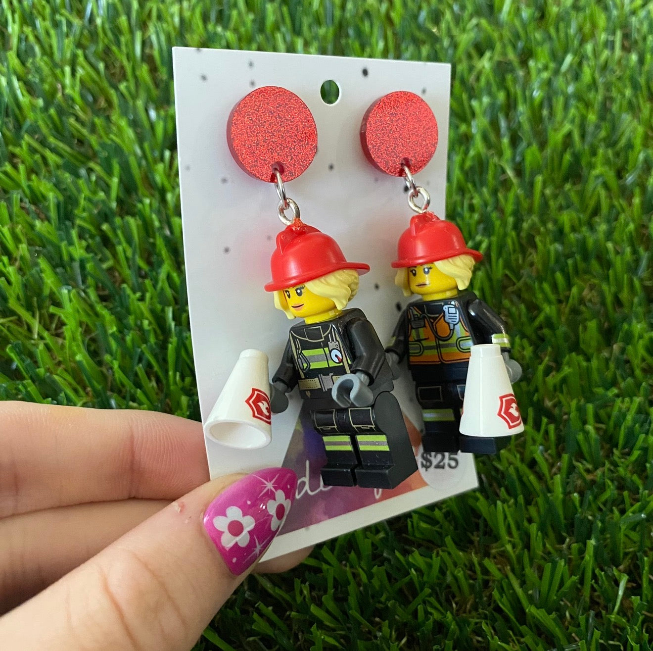 Firefighter Woman Brick Character With Megaphone - Featuring Red Glitter Acrylic Tops!
