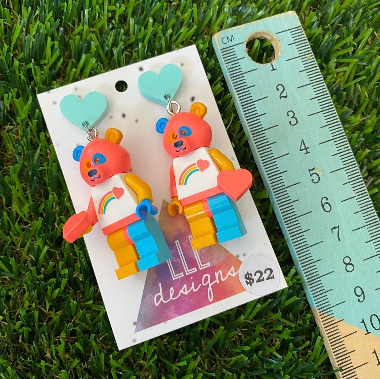 Rainbow Heart Bear Brick Character - Featuring Mint Heart Acrylic Tops!