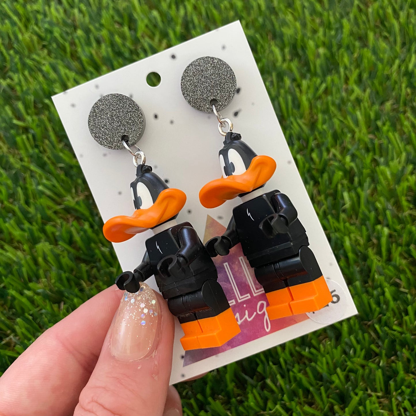 Brick Character Orange Billed Duck Dangle Earrings - Featuring Black Glitter Tops!