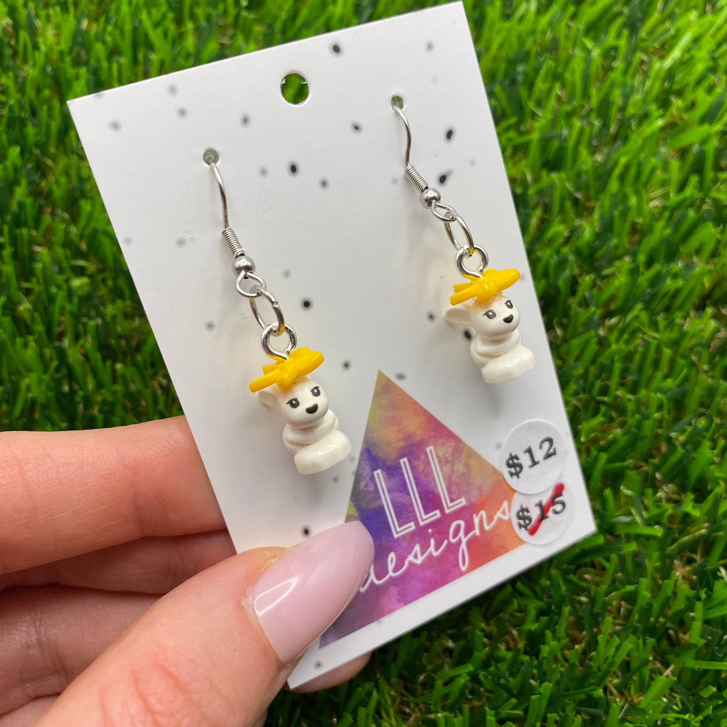 Small Bunny Brick Animal Hook Earrings - Featuring Yellow Bow - Super Lightweight!
