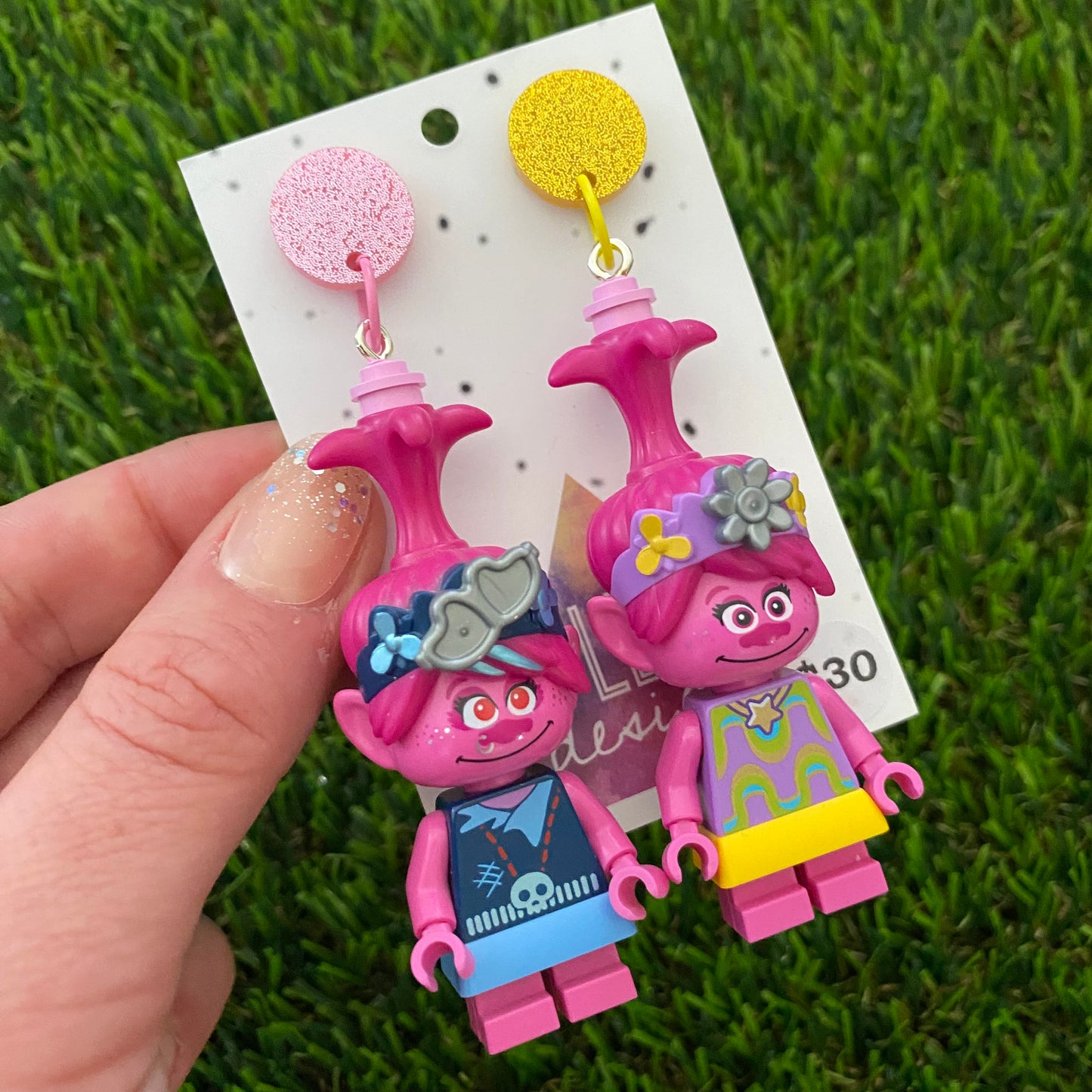 Brick Character Pink Girl Punk and Hippie Dangle Earrings - Featuring Pink and Yellow Glitter Tops!