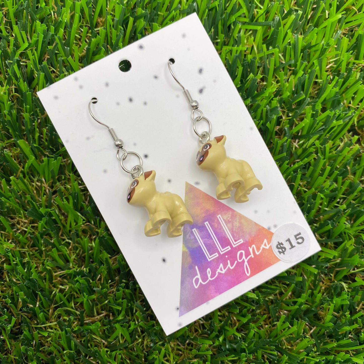 Tan Pug Brick Animal Hook Earrings - Lightweight!