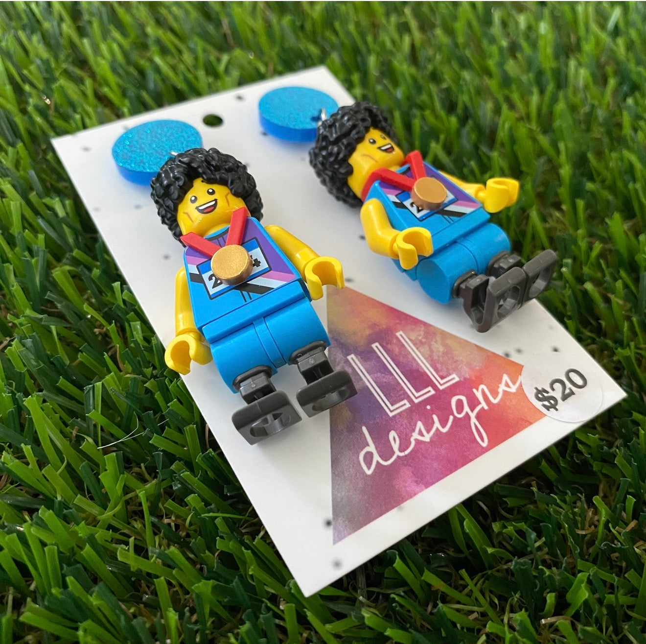 Medal Winner Brick Character With Prosthetic Legs - Featuring Blue Glitter Acrylic Tops!