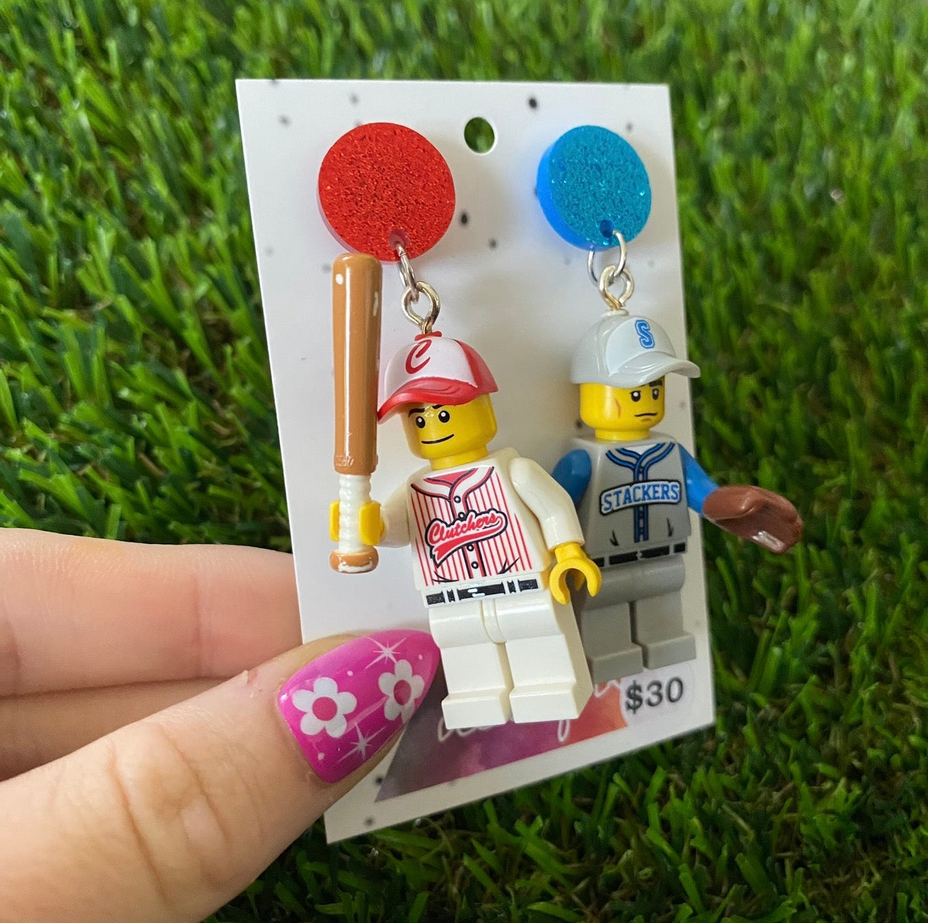 Red And Blue Baseball Player Brick Character With Bat and Mitt - Featuring Red and Blue Glitter Acrylic Tops!