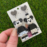 Brick Character Black and White Mouse Couple Dangle Earrings with Accessories - Featuring Black Glitter Heart Shaped Tops!
