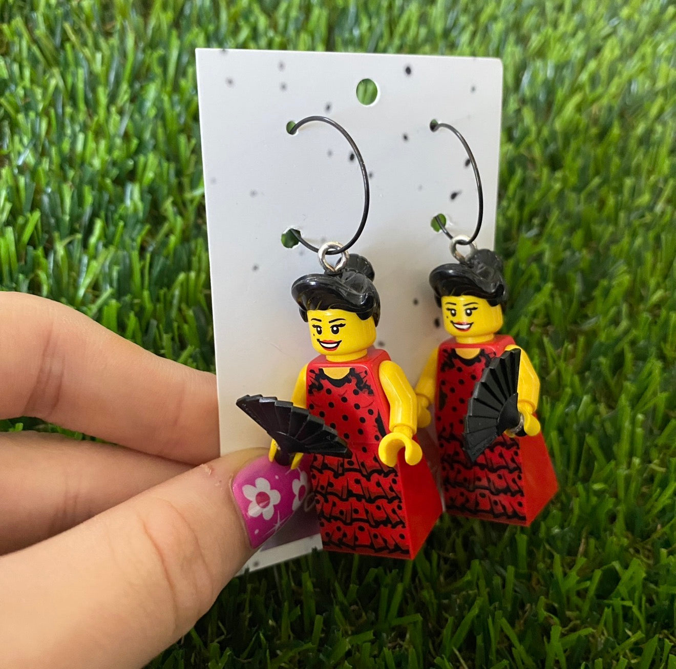Red Flamenco Dancer Brick Character With Fans - Featuring Surgical Stainless Steel Silver Hoops!