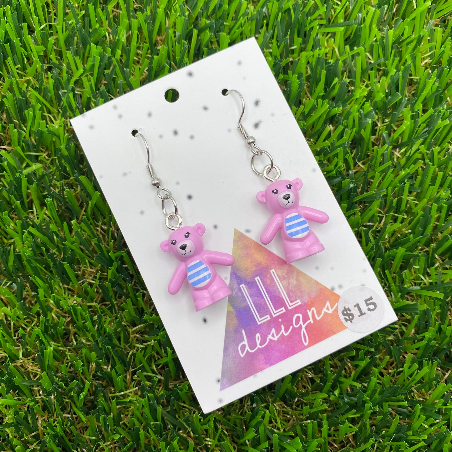 Pink Teddy Bear Brick Animal Hook Earring - Lightweight!