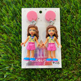 Studious Stacey Brick Character Dangle Earrings - Featuring Pink Tops!