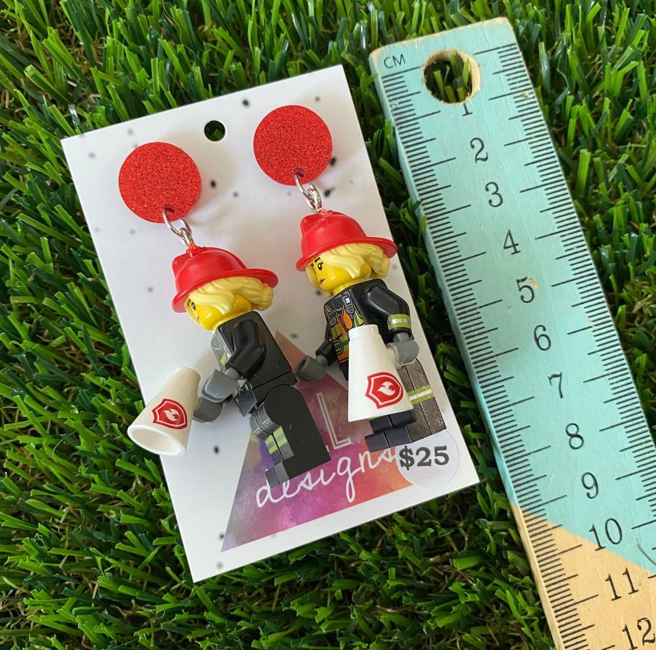Firefighter Woman Brick Character With Megaphone - Featuring Red Glitter Acrylic Tops!