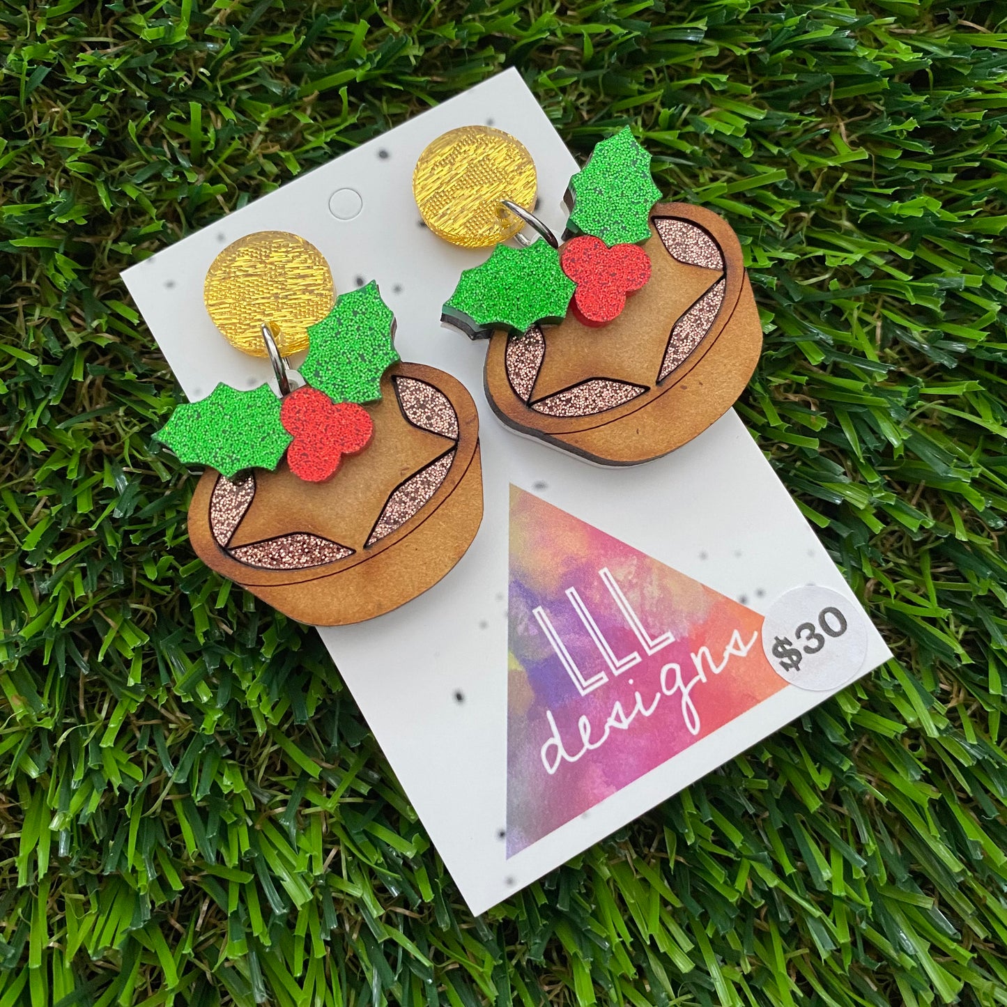 Christmas Mince Pies Dangle Earrings - Featuring Dazzling Gold Tops.