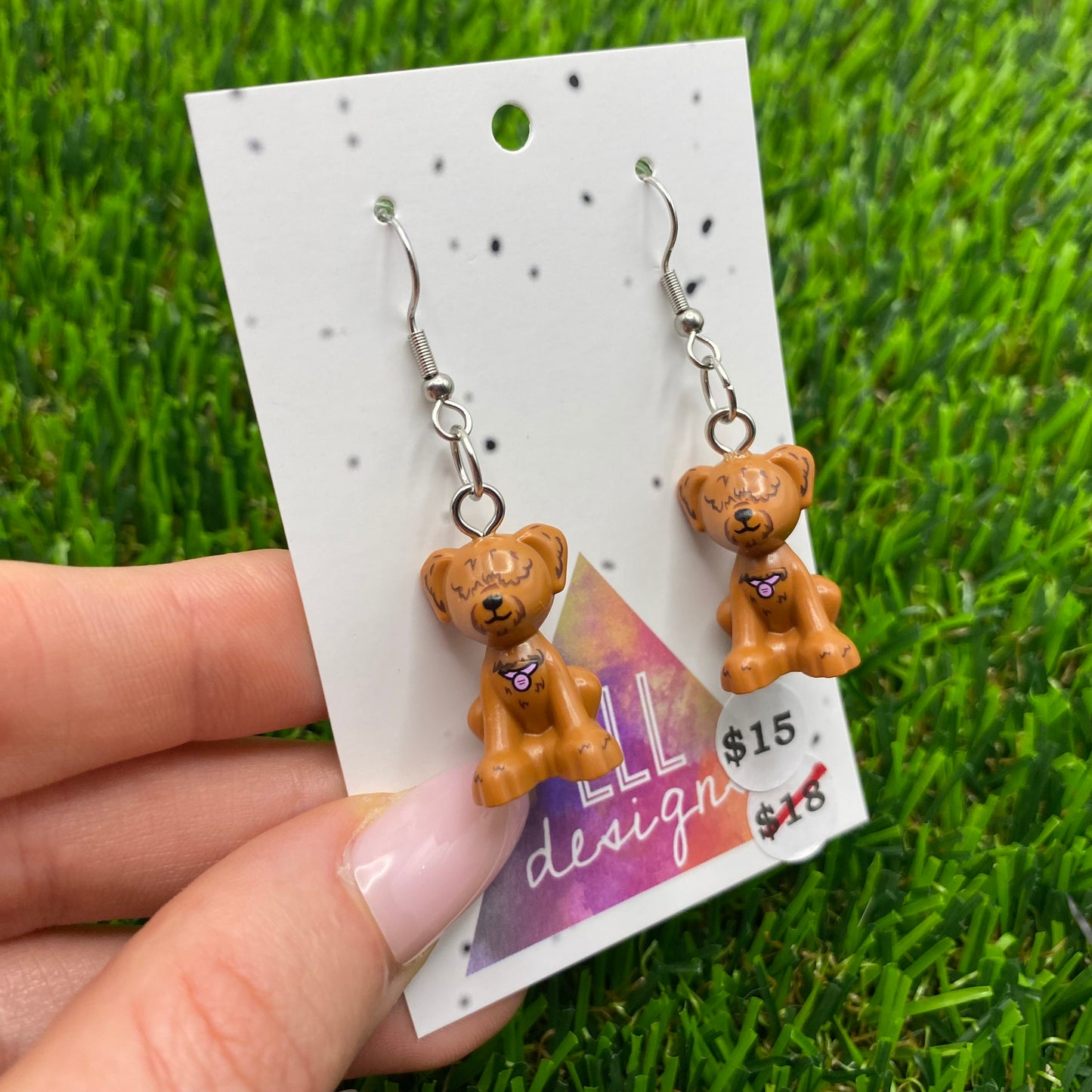 Brown Shaggy Haired Dog Brick Animal Hook Earrings - Lightweight!