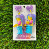 Lizzy Brick Character With Magical Hair and Super Cute Face Details Dangle Earrings - Featuring Purple Glitter Heart Shaped Tops!