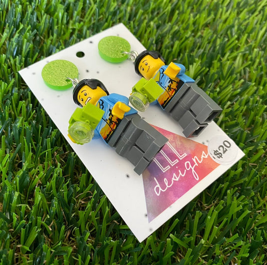 Tourist Man Brick Character With Camera - Featuring Green Glitter Acrylic Tops!