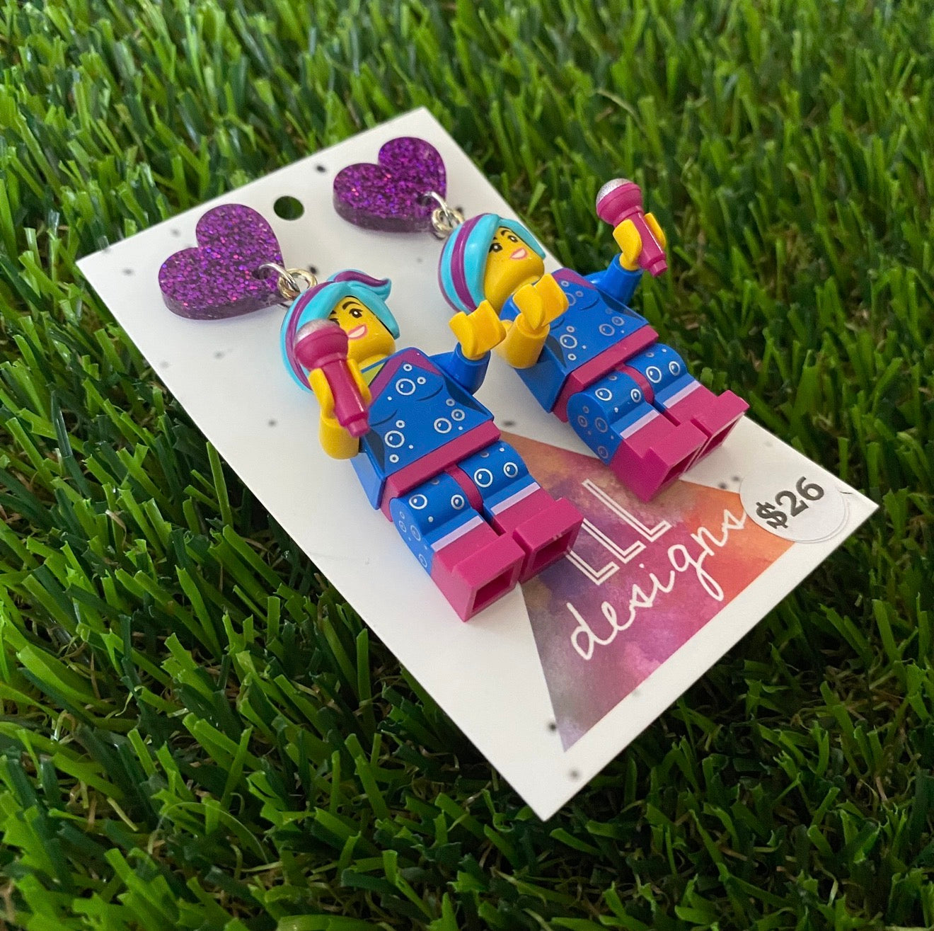 Blue and Purple Popstar Brick Character With Mic - Featuring Purple Glitter Acrylic Tops!