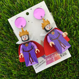 Brick Character Purple Evil Queen Dangle Earrings with Accessories - Featuring Purple Mirror Tops!