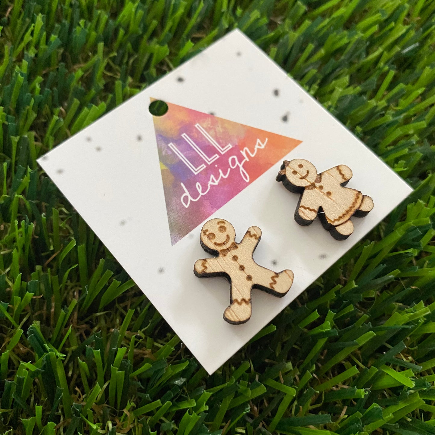 Christmas Gingerbread People Stud Earrings. Timber Etched Earrings.