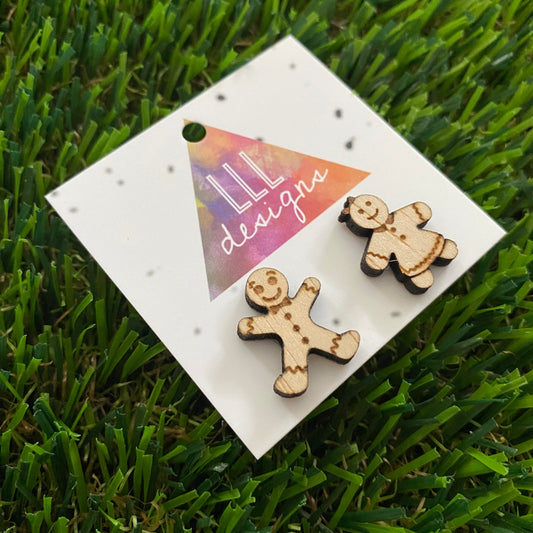 Christmas Gingerbread People Stud Earrings. Timber Etched Earrings.