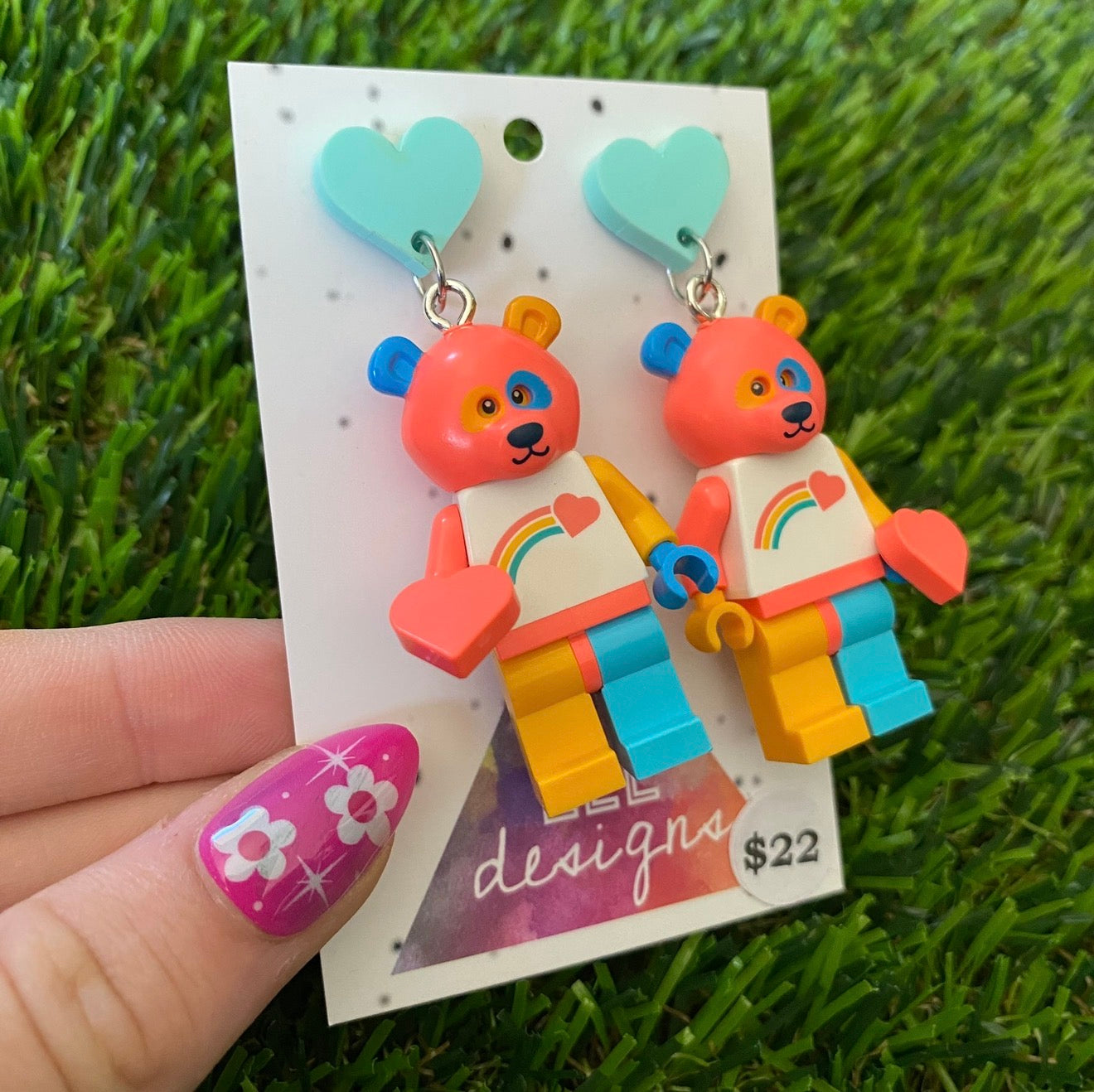 Rainbow Heart Bear Brick Character - Featuring Mint Heart Acrylic Tops!