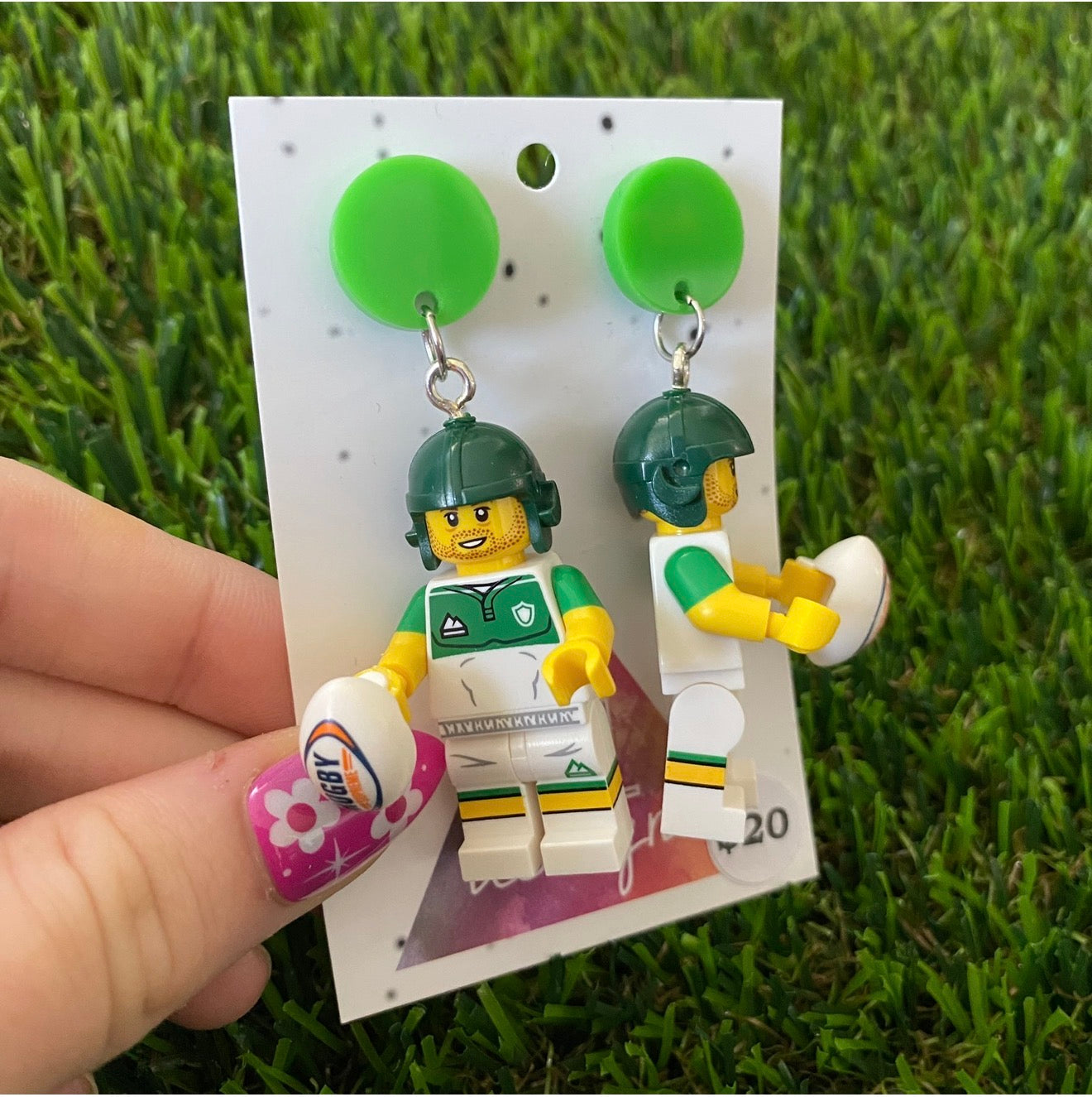 Green Rugby Player Brick Character - Featuring Green Acrylic Tops!